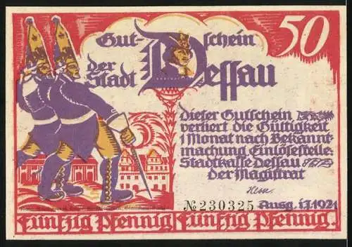 Notgeld Dessau, 1921, 50 Pfennig, Soldaten mit Gewehren und Reitern, Stadtansicht und textuelle Elemente