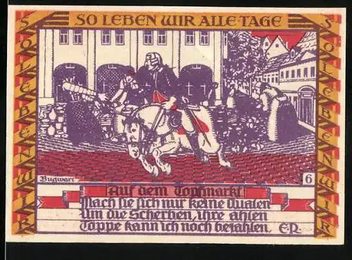 Notgeld Dessau, 1921, 50 Pfennig, Stadtansicht mit zwei Soldaten und Markt Szene