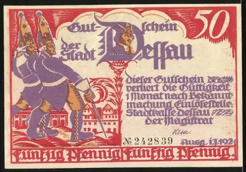 Notgeld Dessau, 1921, 50 Pfennig, Stadtansicht mit zwei Soldaten und Markt Szene