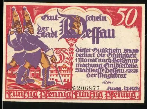 Notgeld Dessau, 1921, 50 Pfennig, Soldaten und Wachen in Paradeuniformen