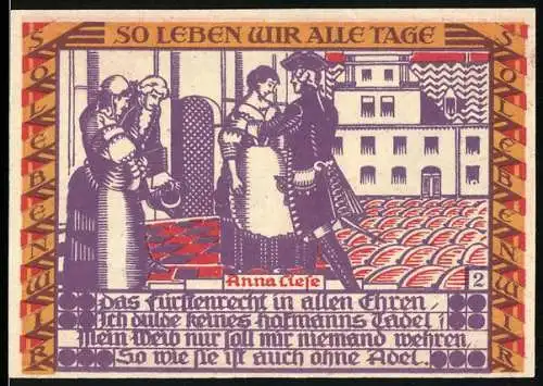 Notgeld Dessau, 1921, 50 Pfennig, Stadtansicht mit Figuren und Text So leben wir alle Tage