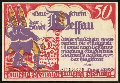 Notgeld Dessau, 1921, 50 Pfennig, Stadtansicht mit Figuren und Text So leben wir alle Tage