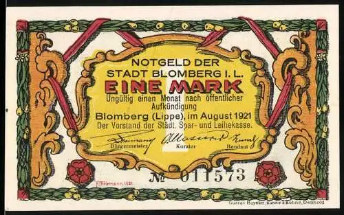 Notgeld Blomberg 1921, Eine Mark, Vorderseite mit Schriftzug und Rückseite mit drei Wanderern