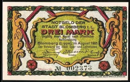 Notgeld Blomberg 1921, Drei Mark, farbig verziert mit Menschenansammlung auf der Rückseite