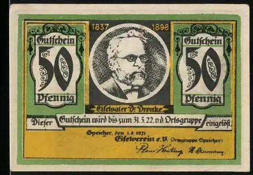 Notgeld Speicher 1921, 50 Pfennig, Eifelvater Dr. Dronke und Kyllburg Landschaft