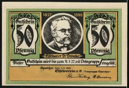 Notgeld Speicher / Eifel 1921, 50 Pfennig, Dorfansicht Bollendorf und Porträt von Dr. Dronke