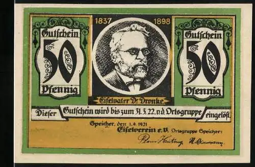 Notgeld Speicher, 1921, 50 Pfennig, Eifelpate Dr. Dronke und Berglandschaft