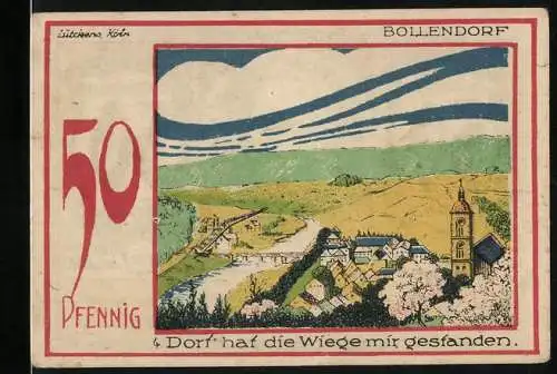 Notgeld Speicher / Eifel 1921, 50 Pfennig, Bollendorf Dorfansicht und Porträt von Dr. Dronke