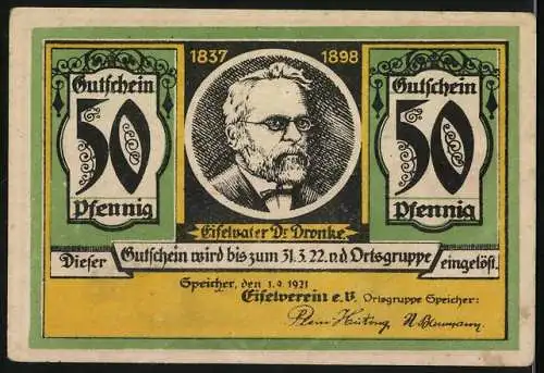 Notgeld Speicher / Eifel 1921, 50 Pfennig, Bollendorf Dorfansicht und Porträt von Dr. Dronke