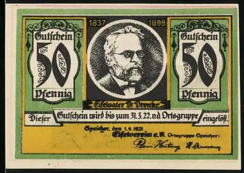 Notgeld Speicher / Eifel 1921, 50 Pfennig, Gutschein mit Porträt und Ansichten der Stadt Neuerburg