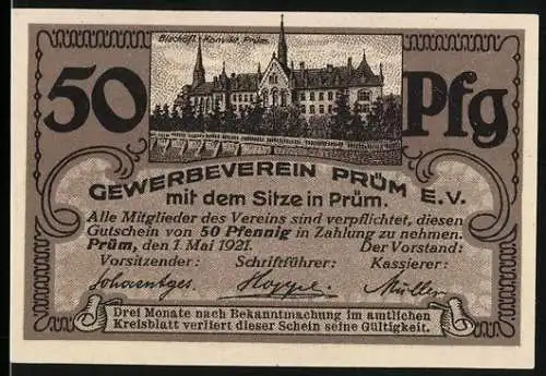 Notgeld Prüm 1921, 50 Pfennig, Gewerbeverein Prüm E.V., Stadtansichten und Gedicht