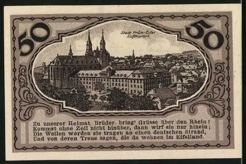 Notgeld Prüm 1921, 50 Pfennig, Gewerbeverein Prüm E.V., Stadtansichten und Gedicht