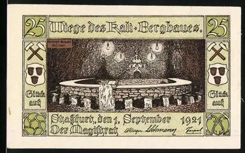 Notgeld Stassfurt 1921, 25 Pfennig, Wiege des Kali-Bergbaues und Stadtwappen mit Bergmann