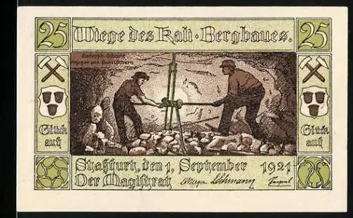 Notgeld Stassfurt 1921, 25 Pfennig, Wiege des Kali-Bergbaues mit Bergarbeitern und Stadtwappen