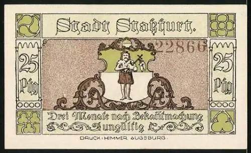 Notgeld Stassfurt 1921, 25 Pfennig, Wiege des Kali-Bergbaues mit Bergarbeitern und Stadtwappen