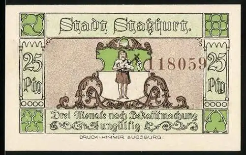 Notgeld Stassfurt, 1921, 25 Pfennig, Bergbau-Wiege und Stadtwappen, Druck I. Himmer Augsburg