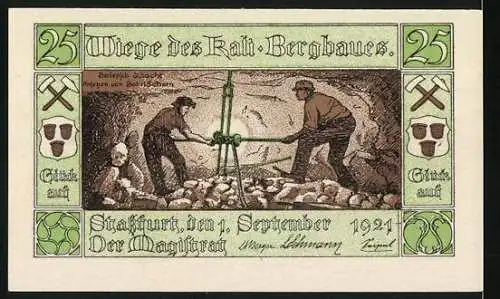 Notgeld Stassfurt, 1921, 25 Pfennig, Bergbau-Wiege und Stadtwappen, Druck I. Himmer Augsburg