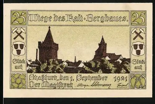 Notgeld Stassfurt 1921, 25 Pfennig, Stadtansicht mit Bergbau-Symbolen und Stadtwappen