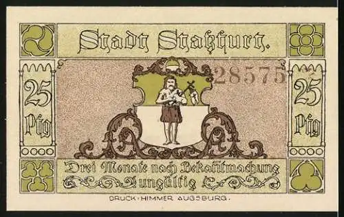 Notgeld Stassfurt 1921, 25 Pfennig, Stadtansicht mit Bergbau-Symbolen und Stadtwappen