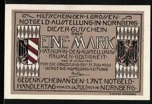 Notgeld Nürnberg 1921, 1 Mark, Gedenkschein der Notgeld-Ausstellung mit Stadtwappen und Turmmotiv