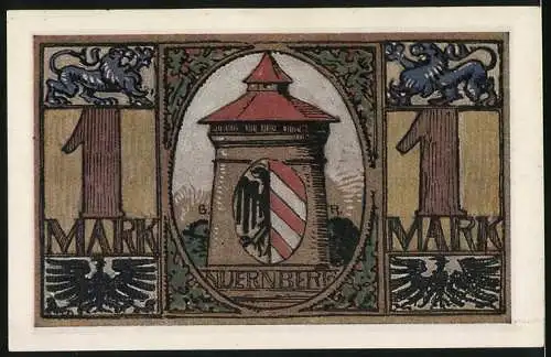 Notgeld Nürnberg 1921, 1 Mark, Gedenkschein der Notgeld-Ausstellung mit Stadtwappen und Turmmotiv