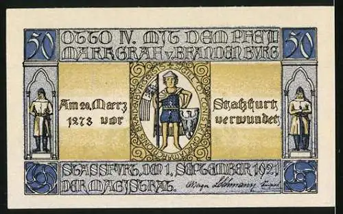 Notgeld Stassfurt, 1921, 50 Pfennig, Drei Monate nach Bekanntmachung ungültig, Otto IV. Markgraf v. Brandenburg