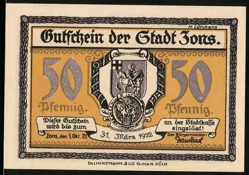 Notgeld Zons 1921, 50 Pfennig, Gutschein der Stadt Zons mit Stadtwappen und historischer Stadtansicht