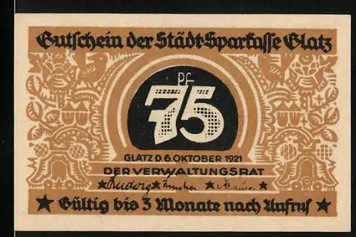 Notgeld Glatz 1921, 75 Pfennig, Gutschein der Stadt-Sparkasse, 100 Jahre