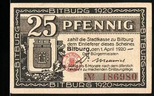 Notgeld Bitburg 1920, 25 Pfennig, Stadtkasse mit Wappen und Burgruine auf Rückseite