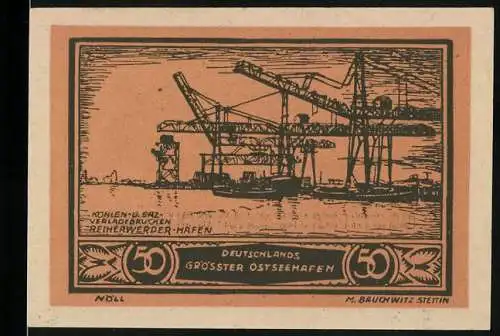 Notgeld Stettin, 1922, 50 Pfennig, Ersatzwertzeichen Deutschlands grösster Ostseehafen Kohlen- und Erzverladebrücken