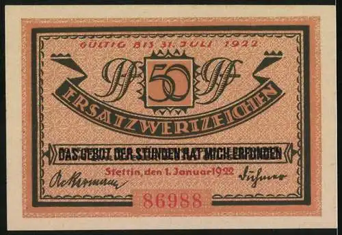 Notgeld Stettin, 1922, 50 Pfennig, Ersatzwertzeichen Deutschlands grösster Ostseehafen Kohlen- und Erzverladebrücken