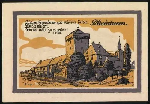 Notgeld Zons 1921, 50 Pfennig, Stadtwappen mit Ritter und Burgtor, Rückseite Rheinturm