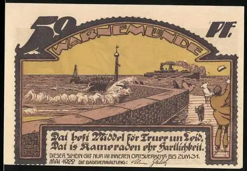 Notgeld Warnemünde, 1922, 50 Pfennig, Seemotiv mit Leuchtturm und Rettungsboot