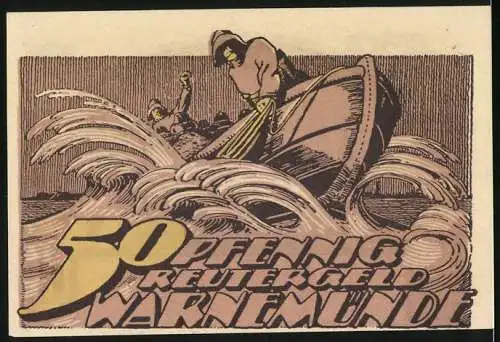 Notgeld Warnemünde, 1922, 50 Pfennig, Seemotiv mit Leuchtturm und Rettungsboot