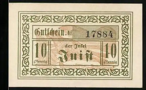 Notgeld Juist, 1920, 10 Pfennig, Gutschein der Insel Juist mit Seriennummer 17884