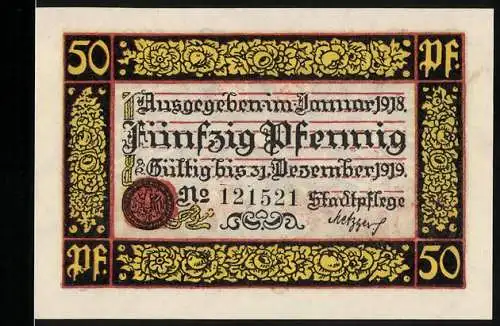 Notgeld Rottweil 1918, 50 Pfennig, Kriegsnotgeld mit Adler und Blumendekor