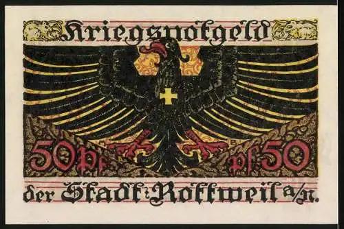 Notgeld Rottweil 1918, 50 Pfennig, Kriegsnotgeld mit Adler und Blumendekor