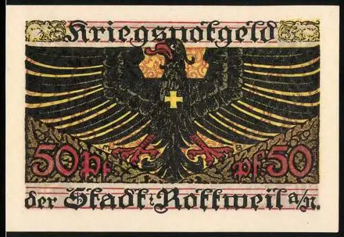 Notgeld Rottweil 1918, 50 Pfennig, Kriegsnotgeld mit Adler und Blumendesign