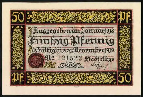 Notgeld Rottweil 1918, 50 Pfennig, Kriegsnotgeld mit Adler und Blumendesign