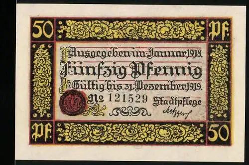 Notgeld Rottweil 1918, 50 Pfennig, Kriegsnotgeld mit Adler und reich verzierten Mustern