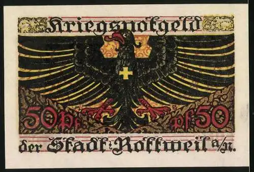 Notgeld Rottweil 1918, 50 Pfennig, Kriegsnotgeld mit Adler und reich verzierten Mustern