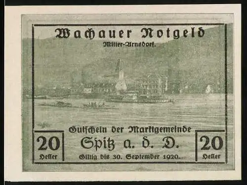 Notgeld Spitz a. d. D., 1920, 20 Heller, Wachauer Notgeld Gemeindeansicht, 1. Ausgabe, 3. Auflage