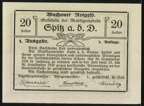 Notgeld Spitz a. d. D., 1920, 20 Heller, Wachauer Notgeld Gemeindeansicht, 1. Ausgabe, 3. Auflage