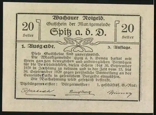 Notgeld Spitz a. d. D., 1920, 20 Heller, Wachauer Notgeld mit Bild von Aggstein, gültig bis 30. September 1920