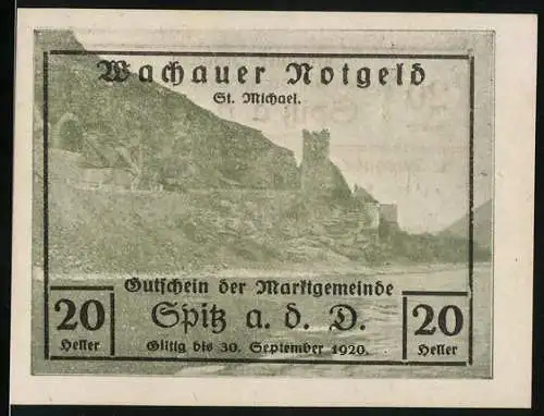 Notgeld Spitz a. d. Donau, 1920, 20 Heller, Gutschein der Marktgemeinde, 1. Ausgabe, 3. Auflage