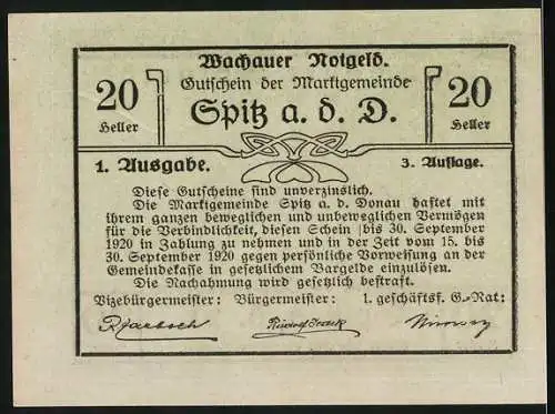 Notgeld Spitz a. d. Donau, 1920, 20 Heller, Gutschein der Marktgemeinde, 1. Ausgabe, 3. Auflage