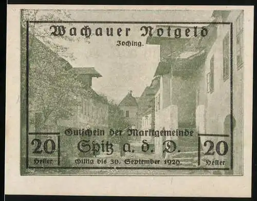 Notgeld Spitz a. d. D. 1920, 20 Heller, Gutschein der Marktgemeinde gültig bis 30. September 1920