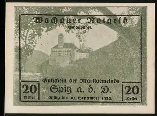 Notgeld Spitz a. d. Donau 1920, 20 Heller, Wachauer Notgeld Gutschein der Marktgemeinde