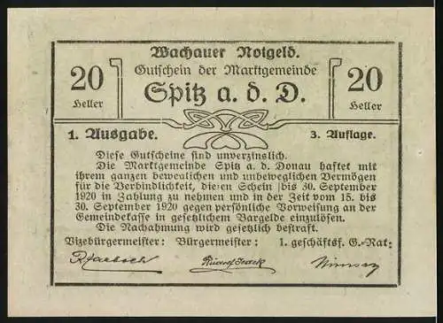 Notgeld Spitz a. d. Donau 1920, 20 Heller, Wachauer Notgeld Gutschein der Marktgemeinde