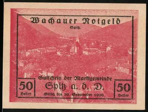 Notgeld Spitz 1920, 50 Heller, Gutschein der Marktgemeinde Spitz an der Donau, gültig bis 30. September 1920